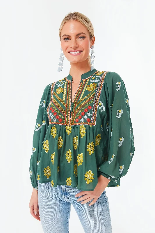 Women's Elegant Garments Green Lucknow Mandarin Balloon Top