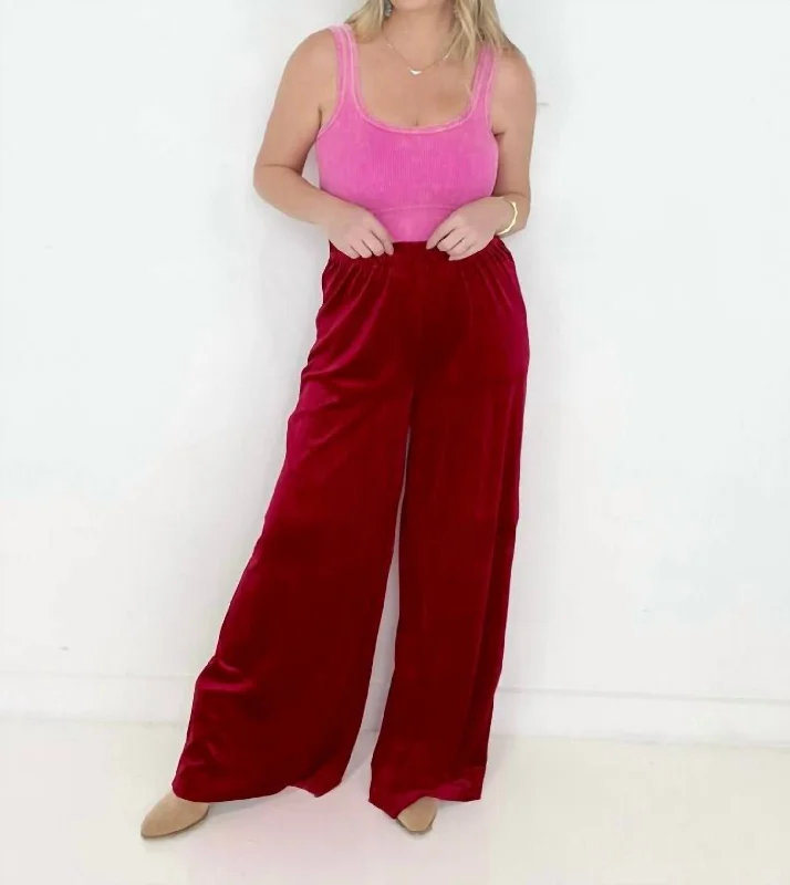 Women's Evening Wear Attire Velvet Wide Leg Pants In Red