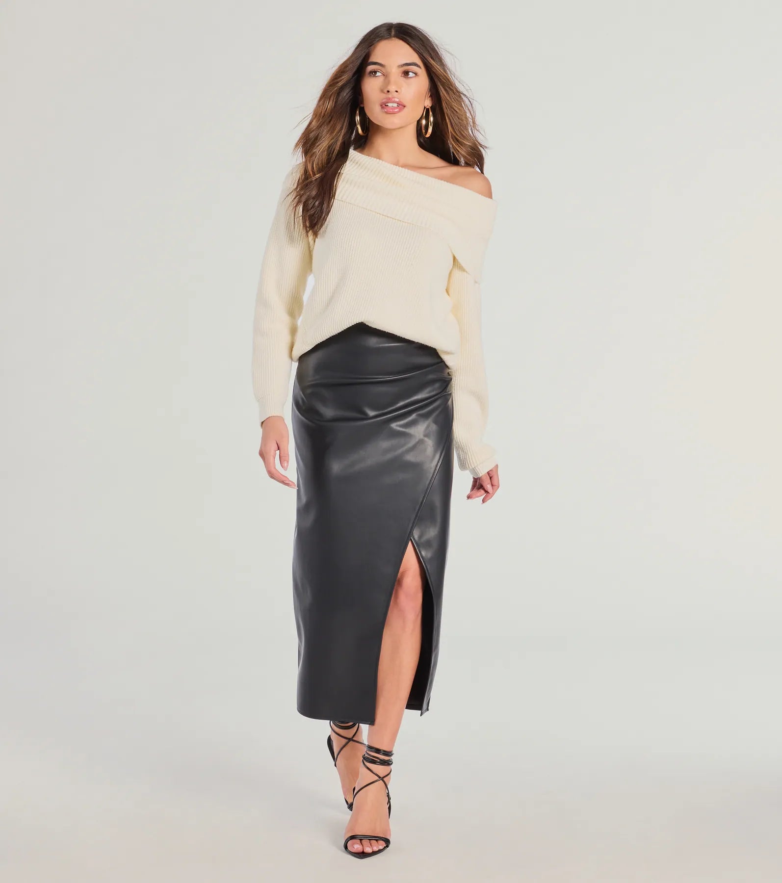 Women's Evening Apparel Sleek Ambition Faux Leather Wrap Midi Skirt