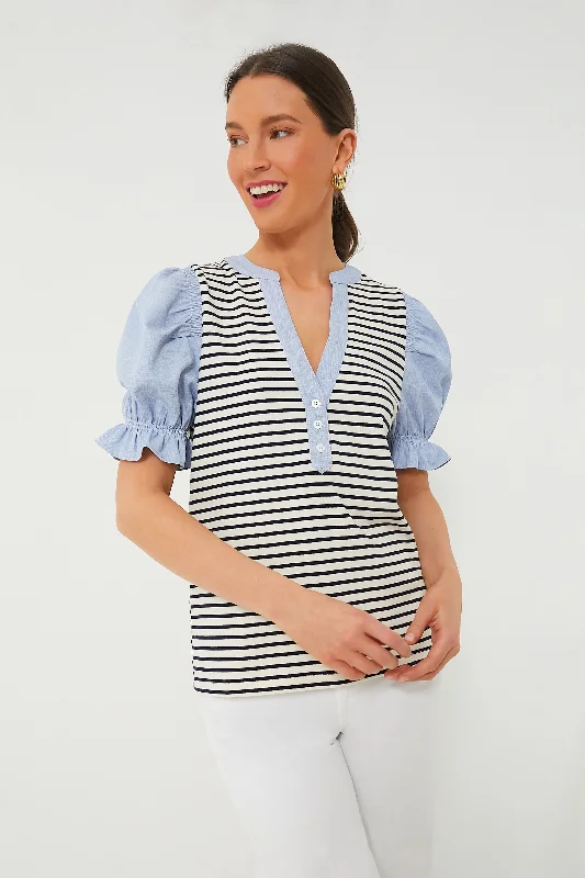 Women's Activewear Garments Navy Stripe Livia Puff Sleeve Top