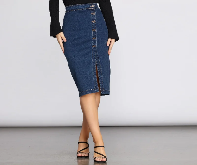 Women's Contemporary Clothing Denim Button Up Midi Skirt