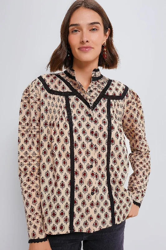 Women's Seasonal Apparel Tan and Burgundy Block Print Priya Shirt