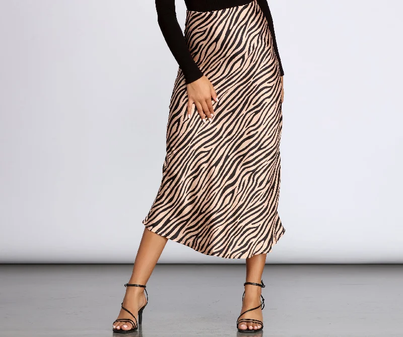 Vintage Clothing For Women Zebra Flared Midi Satin Skirt