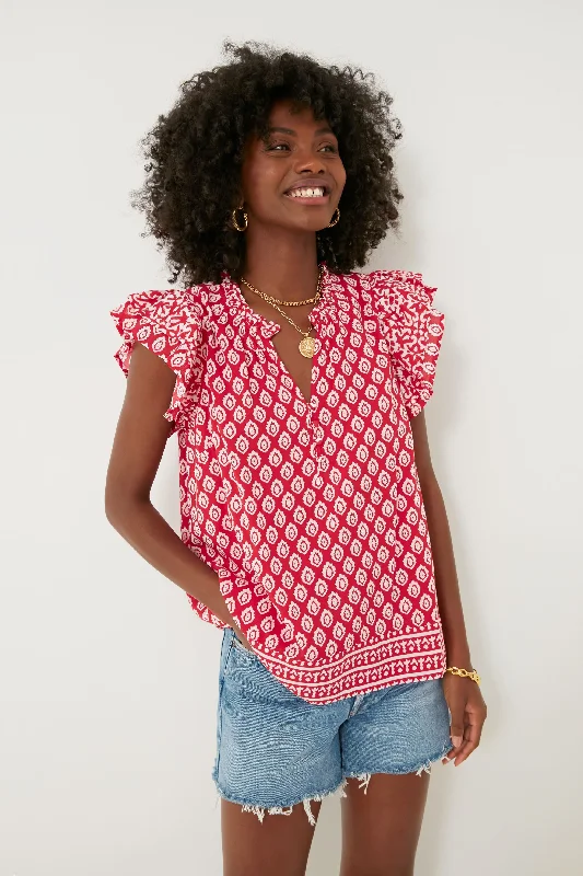 Women's Weekend Outfit Lighthouse Red Tile Ruffle Top