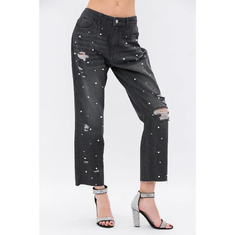 Women's Evening Clothing Pearl Embellished Ripped Denim Jeans In Black