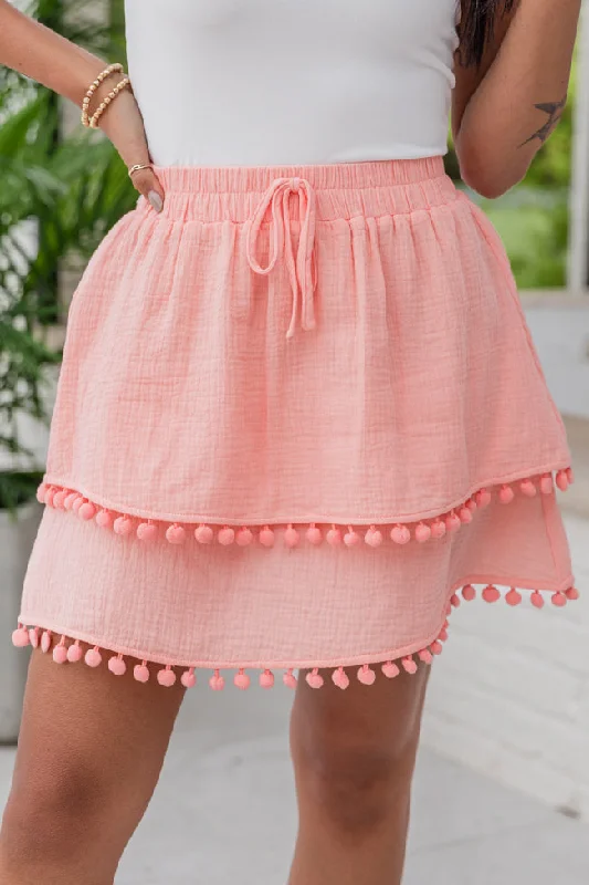 Stylish Women's Attire Simply Peachy Salmon Tassel Hem Gauze Skort FINAL SALE