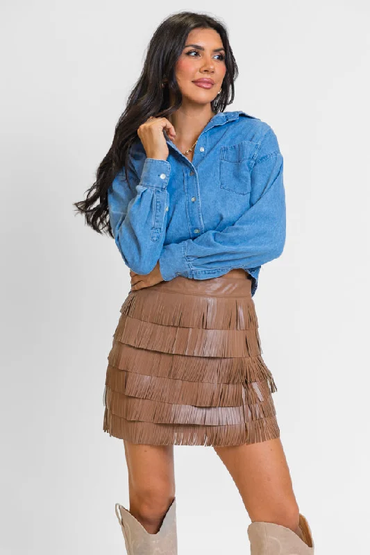 Women's Attire Follow Your Arrow Brown Faux Leather Fringe Skirt FINAL SALE