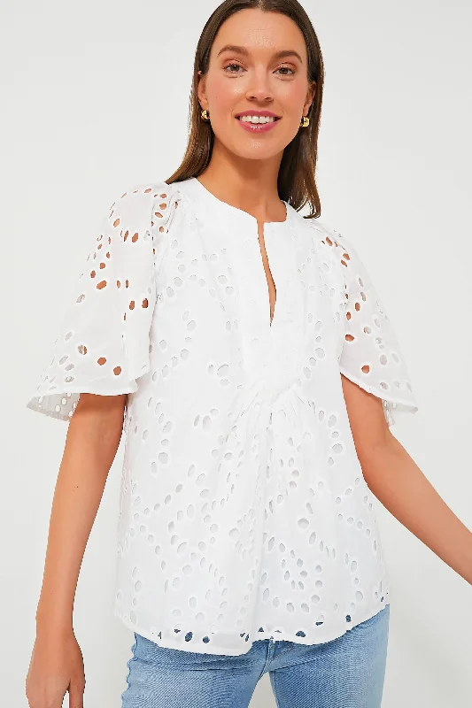 Plus-Size Women's Clothing White Eyelet Finley Flutter Sleeve Top