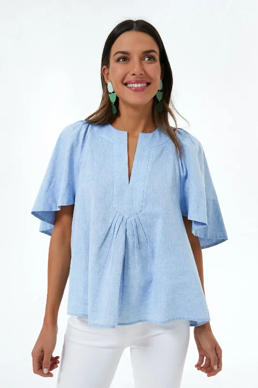 Stylish Outerwear Clothing For Women Chambray Finley Flutter Sleeve Top