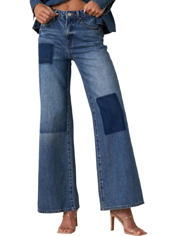 Vintage-Inspired Women's Clothes Relaxed Wide Leg Patchwork Jeans In Blue