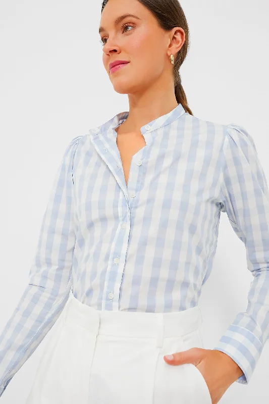 Women's Casual Outfit Exclusive Sky Blue Gingham Puffed Shoulder Shirt