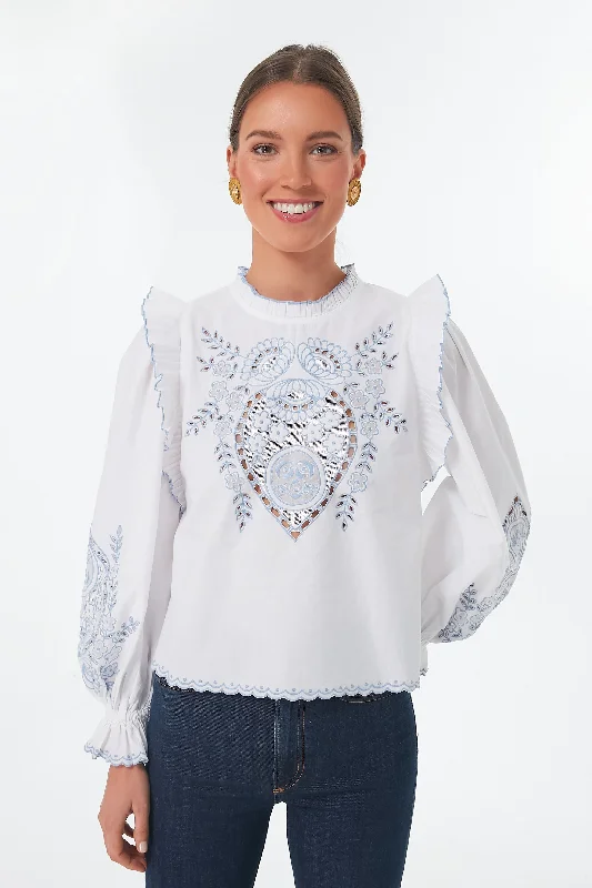 Women's Transitional Clothes White With Blue Bernice Top