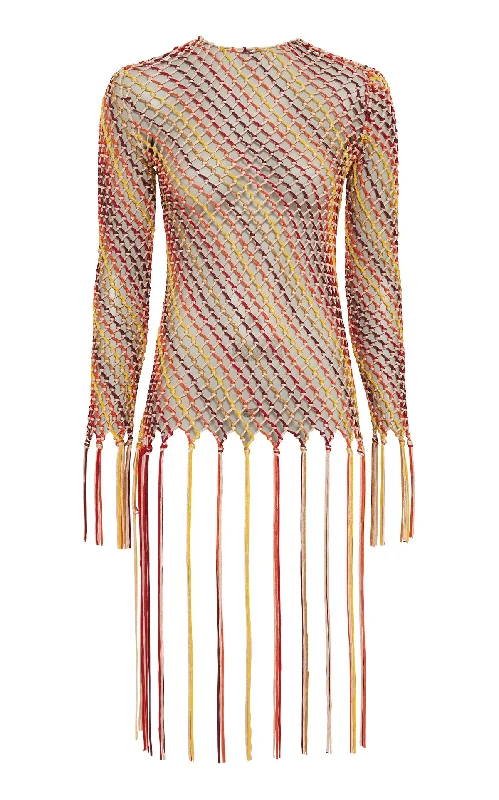 Affordable Trendy Clothes For Women Macaria Fringe Macrame Top in Multi Silk