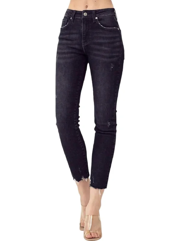 Women's Active Garments For Workouts Mid Rise Raw Hem Jeans In Black Denim