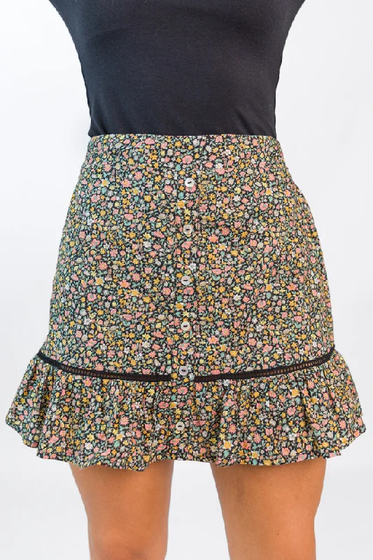 Women's Activewear Outfit What's The Tea Black Button Front Floral Mini Skort FINAL SALE