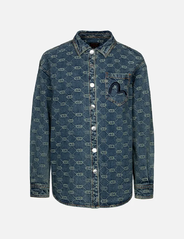 Women's Contemporary Apparel Allover Logo Jacquard and Seagull Embroidery Boyfriend Fit Denim Shirt Jacket