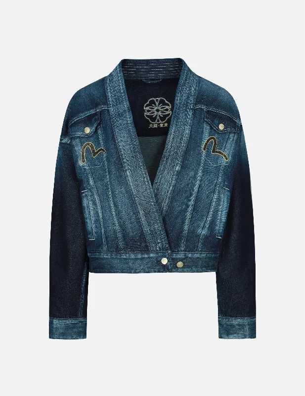 Timeless Women's Outfit Brocade-pattern Seagull and Kamon Appliqué Denim Kimono Jacket