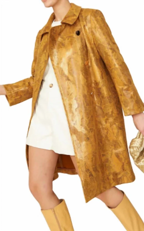 Women's Casual Wear Outfit Snake Print Suede Coat In Mustard