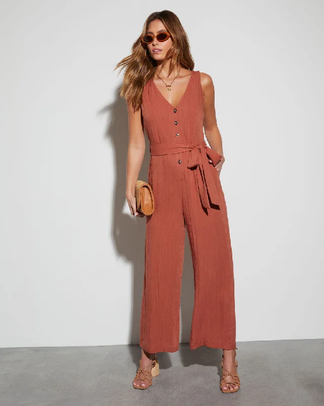 Fashion-Forward Women's Clothing Ember Glow Tie Waist Jumpsuit