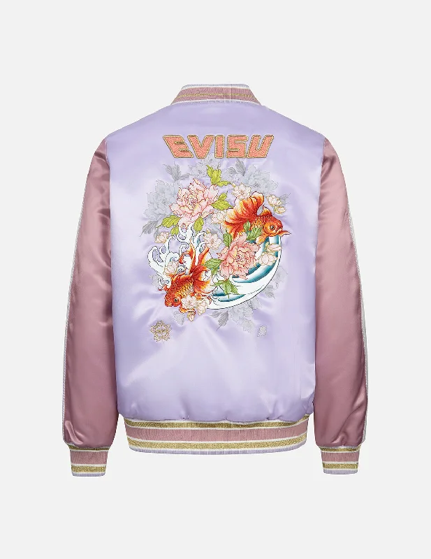 Women's Evening Outfit Goldfish and Floral Flow Embroidery Color-blocking Loose Fit Souvenir Jacket