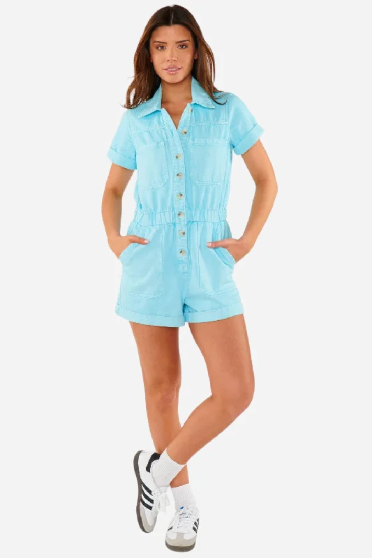 Women's Formal Event Outfit Show Me Your Mumu Cannon Romper in Spring Blue Denim