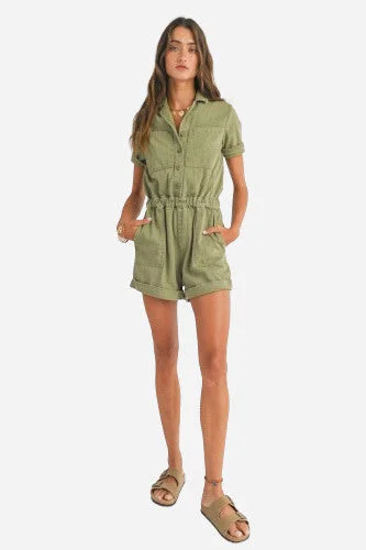 Comfortable Outfit For Women Sage the Label Road Trip Denim Romper in Olive