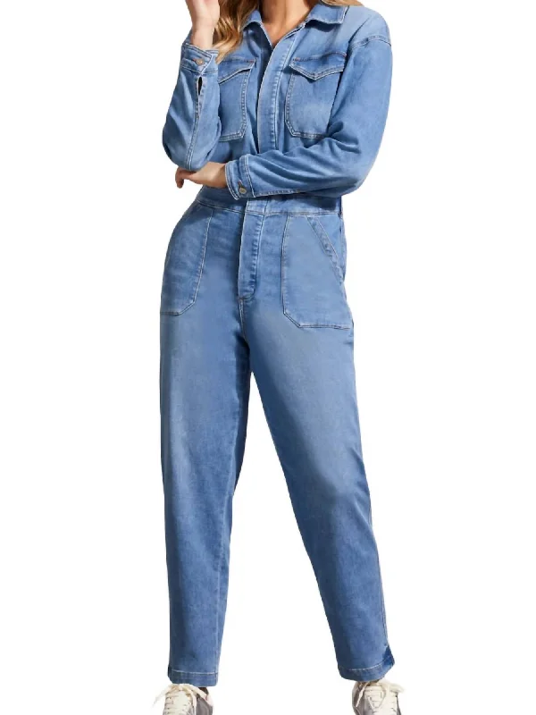 Women's Casual Apparel Relaxed Crop Jumpsuit W/ Pockets In Sky Blue