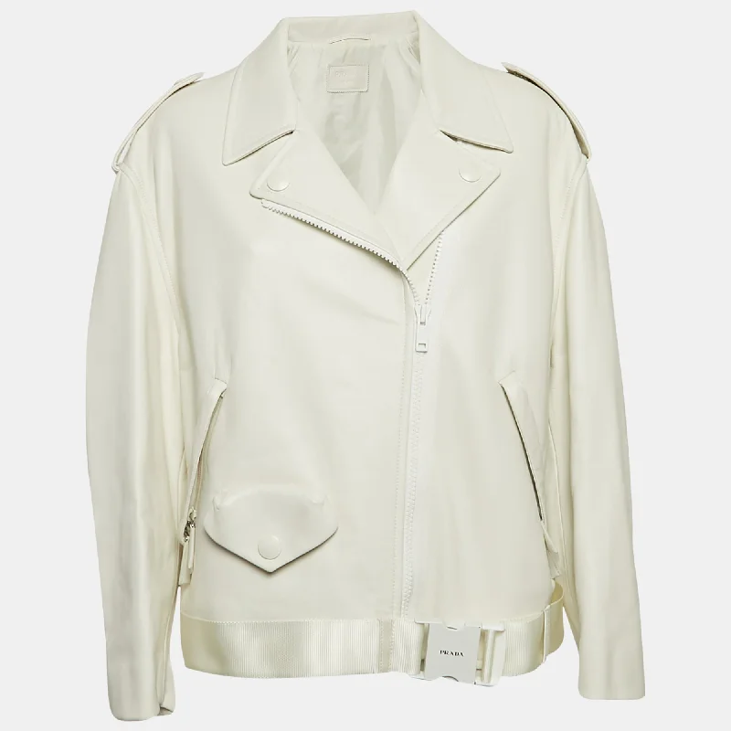 Women's Transitional Attire Prada White Nappa Leather Biker Jacket