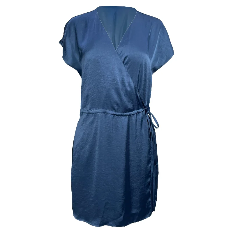 Women's Classic Outfit Theory Wrap-Tie V-Neck Romper in Blue Satin