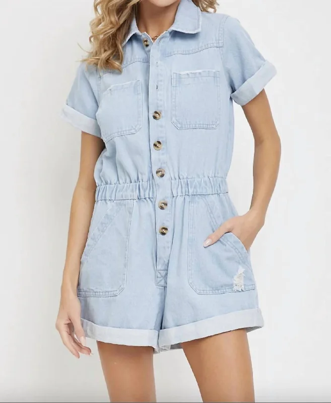 Women's Clothes For Work Light Denim Collar Romper In Light Wash