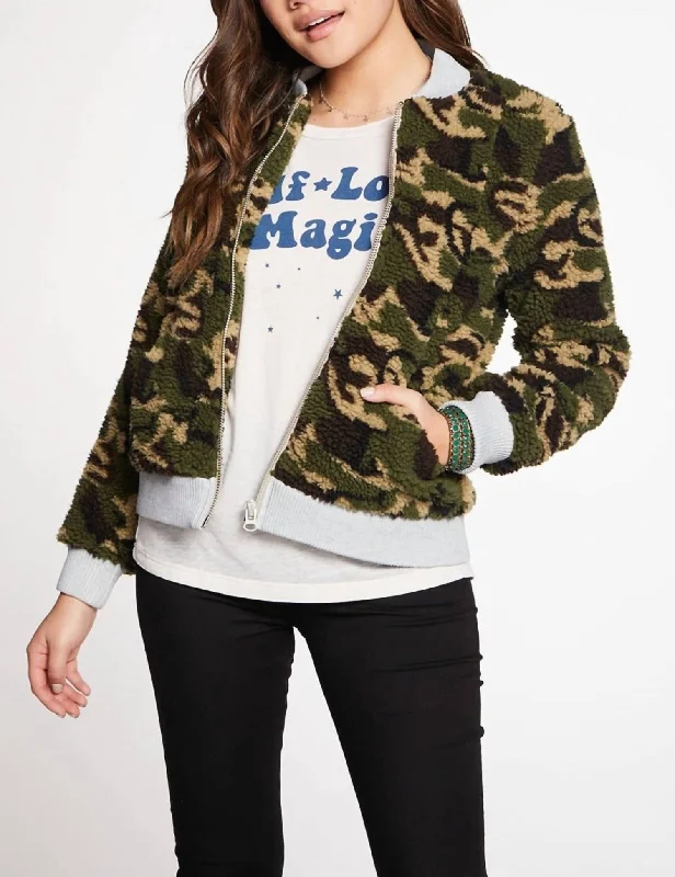 Women's Outerwear Garments Faux Fur Bomber Jacket In Camo