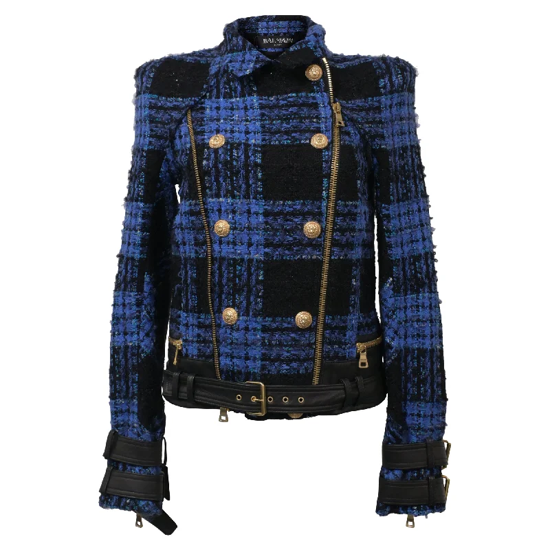 Women's Clothes For Work Events Balmain Tweed Biker Jacket in Blue Wool