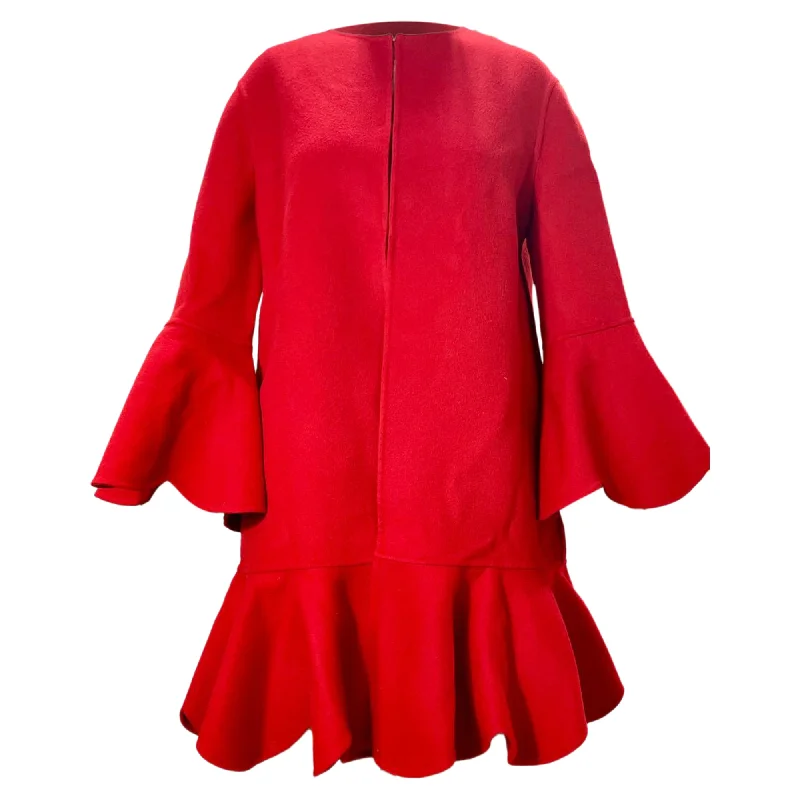 Stylish Women's Attire Valentino Garavani Ruffled Hem Bell Sleeve Coat in Red Wool