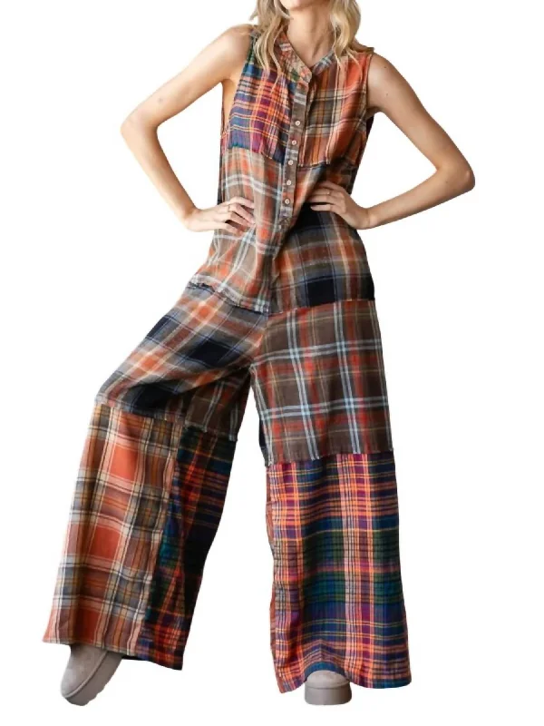 Women's Occasion Wear Apparel Washed Plaid Jumpsuit In Rust