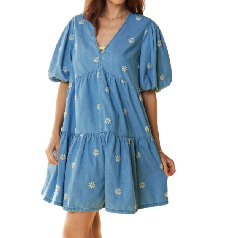 Stylish Outerwear Clothes For Women Daisy Embroidered Denim Romper In Light Denim