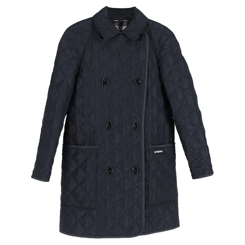 Women's Classic Attire Burberry Quilted Double-Breasted Down Coat in Navy Blue Polyester