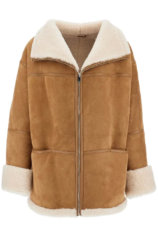 Women's Everyday Attire Toteme Women's Biscuits Shearling Lamb Leather Jacket With Wide Collar