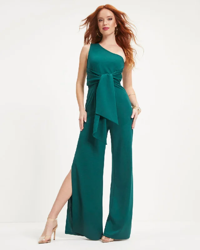 Women's Outerwear Apparel Always On The List One Shoulder Front Tie Slit Jumpsuit