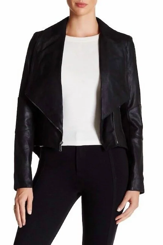 Women's Evening Wear Outfit Lamb Suede Leather Drape Tail Collar Jacket In Black