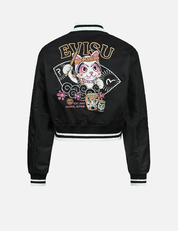 Women's Festive Attire Fortune Cat Drumming Appliqué Souvenir Jacket