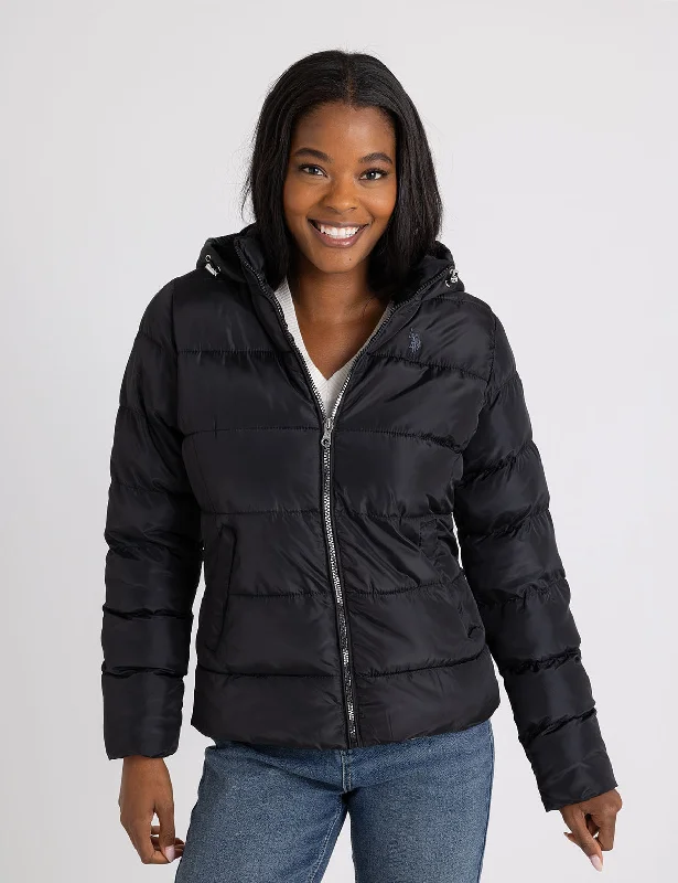 Women's Chic Outerwear Outfit COZY HOODED CONTRAST PUFFER JACKET