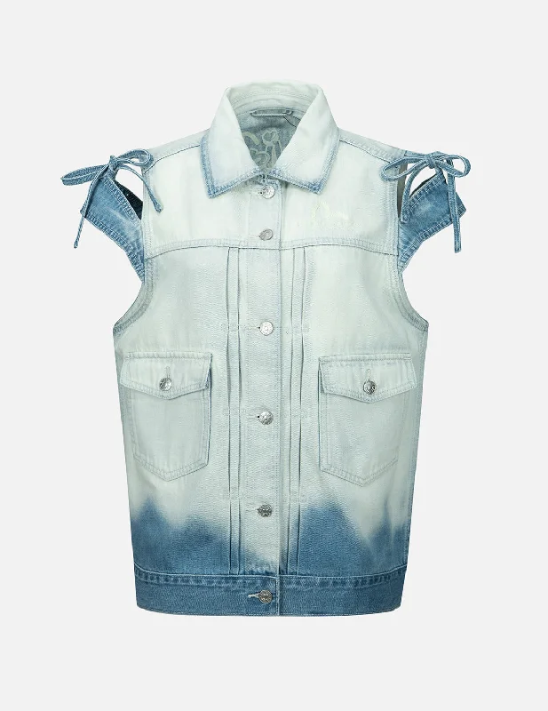 Modern Women's Attire Logo Embroidery Bleached Denim Waistcoat