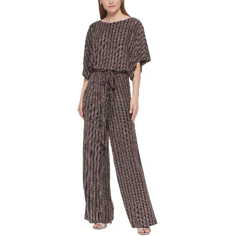 Women's Clothing And Garments Sets Petites Womens Knit Glitter Striped Jumpsuit