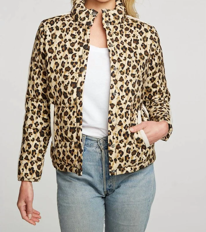 Vintage-Inspired Garments Heirloom Wovens Quilted Cropped Mock Neck Puffer Jacket In Bobcat Print