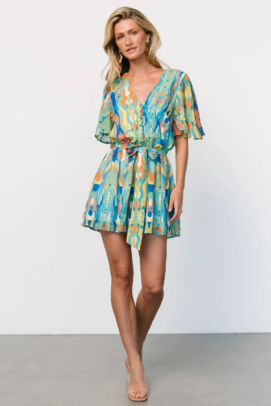 Women's Effortless Casual Outfit Gibson Romper | Blue + Green Multi