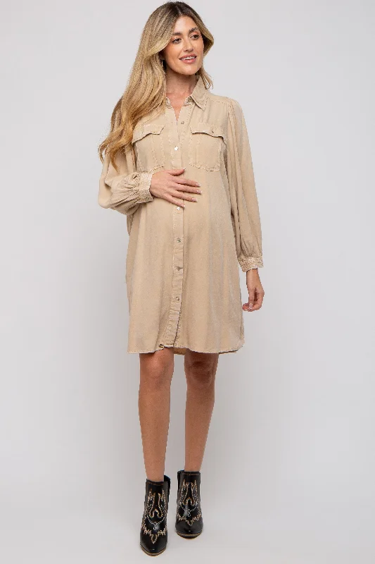 Women's Clothing For Special Occasions Beige Vintage Wash Maternity Shirt Dress