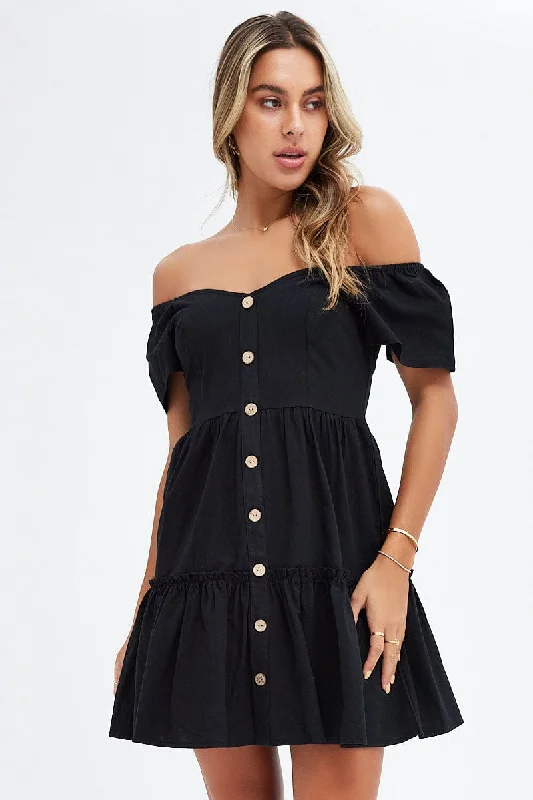 Women's Party Clothes Black Button Front Mini Swing Dress