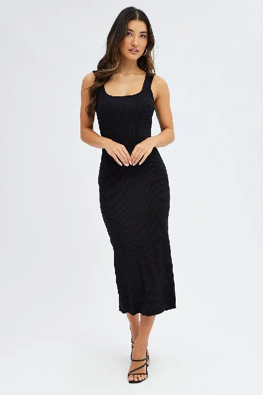 Plus-Size Women's Garments Black Knit Midi Dress Sleeveless Scoop Neck Bodycon Rib