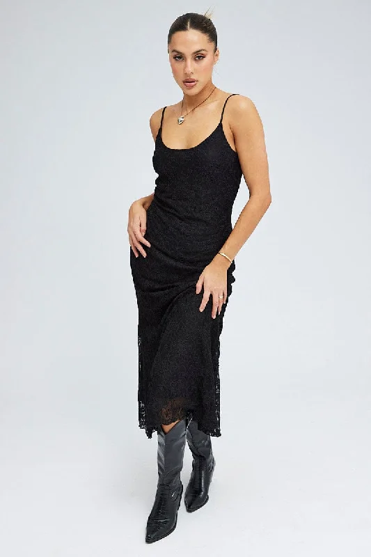 Women's Attire Black Maxi Dress Sleeveless Scoop Neck Flare Hem Lace