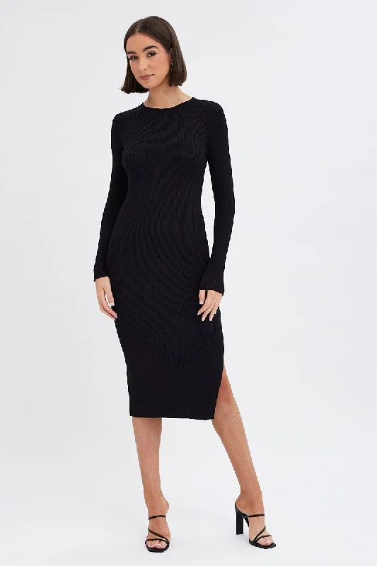 Women's Outerwear Clothing Black Midi Dress Long Sleeve Round Neck Rib Knitted